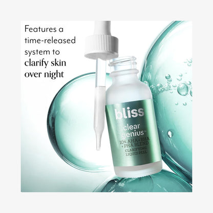 Bliss Clear Genius Clarifying Overnight Liquid Peel - 1 Fl Oz - Non-Irritating Exfoliating Night Treatment for Clear Pores, Vegan & Cruelty-Free