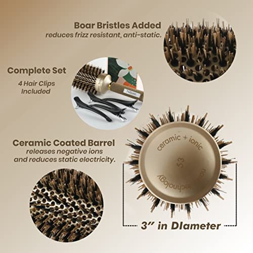 Ndure Beauty Hair Brush for Blow Drying, Curling & Straightening - Ceramic & Ionic Boar Bristles Barrel Brush with 4 Clips Included Avelisse