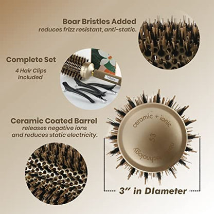 Ndure Beauty Hair Brush for Blow Drying, Curling & Straightening - Ceramic & Ionic Boar Bristles Barrel Brush with 4 Clips Included Avelisse