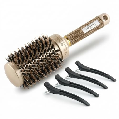 Ndure Beauty Hair Brush for Blow Drying, Curling & Straightening - Ceramic & Ionic Boar Bristles Barrel Brush with 4 Clips Included Avelisse