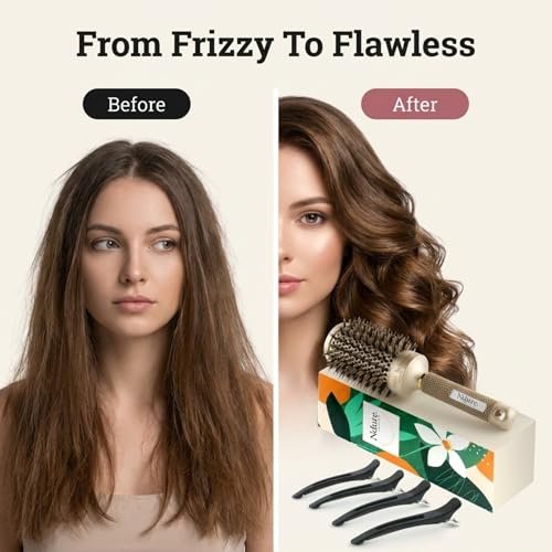 Ndure Beauty Hair Brush for Blow Drying, Curling & Straightening - Ceramic & Ionic Boar Bristles Barrel Brush with 4 Clips Included Avelisse