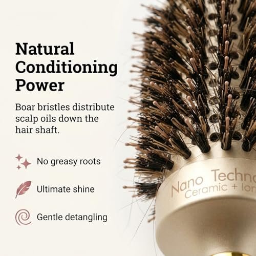 Ndure Beauty Hair Brush for Blow Drying, Curling & Straightening - Ceramic & Ionic Boar Bristles Barrel Brush with 4 Clips Included Avelisse