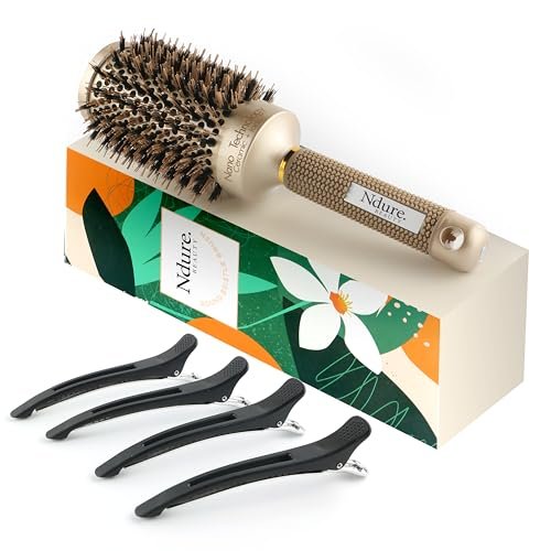Ndure Beauty Hair Brush for Blow Drying, Curling & Straightening - Ceramic & Ionic Boar Bristles Barrel Brush with 4 Clips Included Avelisse