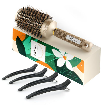 Ndure Beauty Hair Brush for Blow Drying, Curling & Straightening - Ceramic & Ionic Boar Bristles Barrel Brush with 4 Clips Included Avelisse