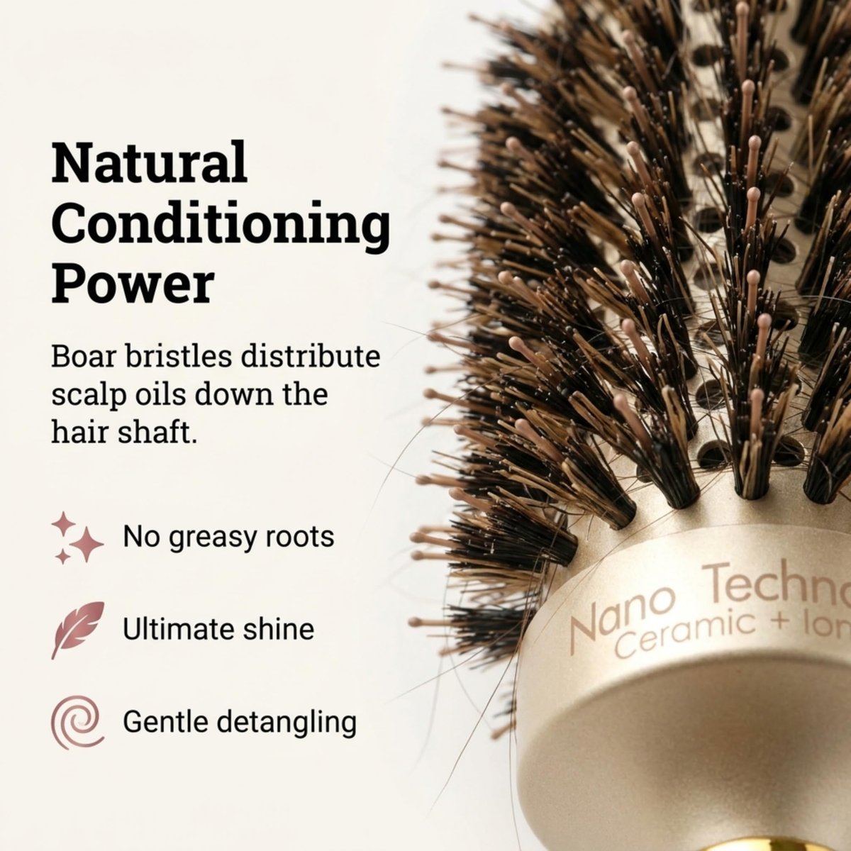 Ndure Beauty Hair Brush for Blow Drying, Curling & Straightening - Ceramic & Ionic Boar Bristles Barrel Brush with 4 Clips Included Avelisse
