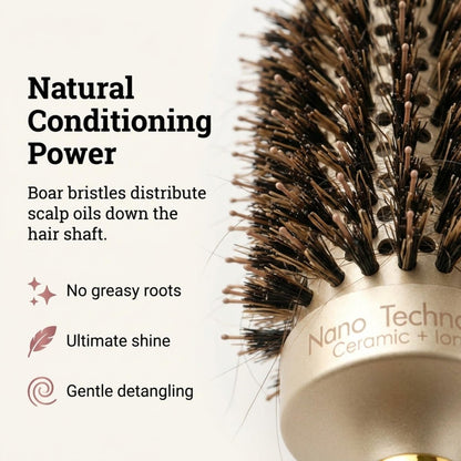 Ndure Beauty Hair Brush for Blow Drying, Curling & Straightening - Ceramic & Ionic Boar Bristles Barrel Brush with 4 Clips Included Avelisse