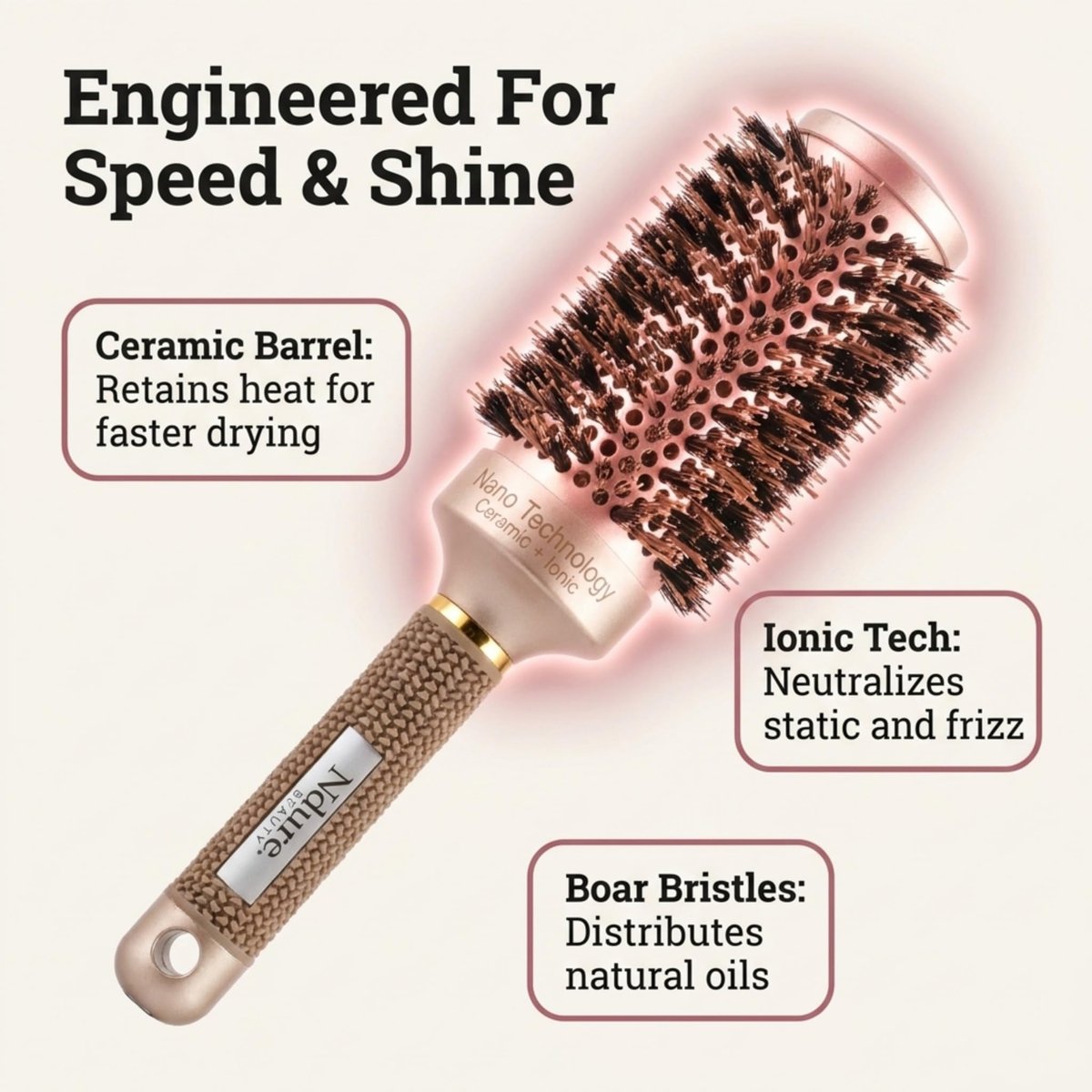 Ndure Beauty Hair Brush for Blow Drying, Curling & Straightening - Ceramic & Ionic Boar Bristles Barrel Brush with 4 Clips Included Avelisse