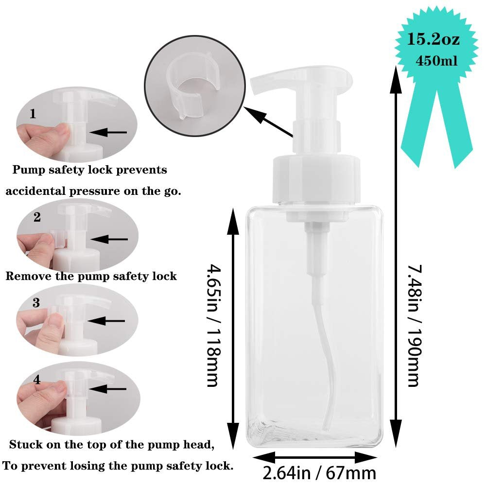 2 Pack Foaming Soap Dispenser 15oz Refillable Foam Liquid Hand Soap Empty Plastic Pump Bottle Container for Bathroom Vanities, Kitchen Sink, Hospital, Clinic, Clear 450ml - görsel 3