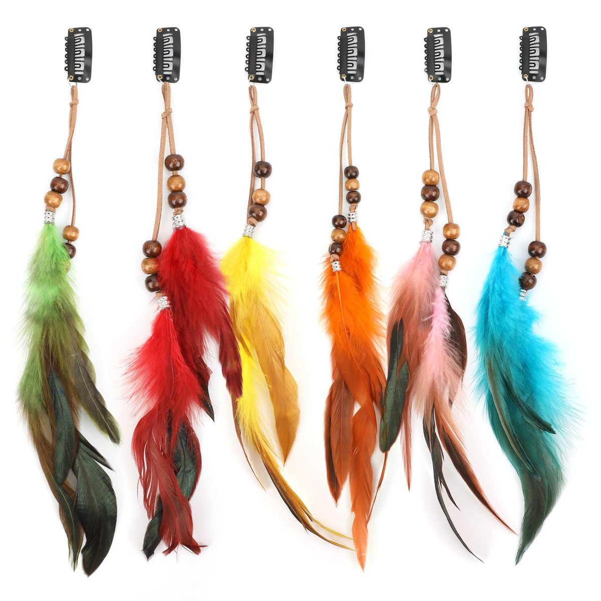 MWOOT 6-Piece Handmade Feather Hair Clips – Boho Hippie Hair Extensions with Comb, Beads & Hemp Tassels for Festival, Cosplay, or Daily Style - görsel 1