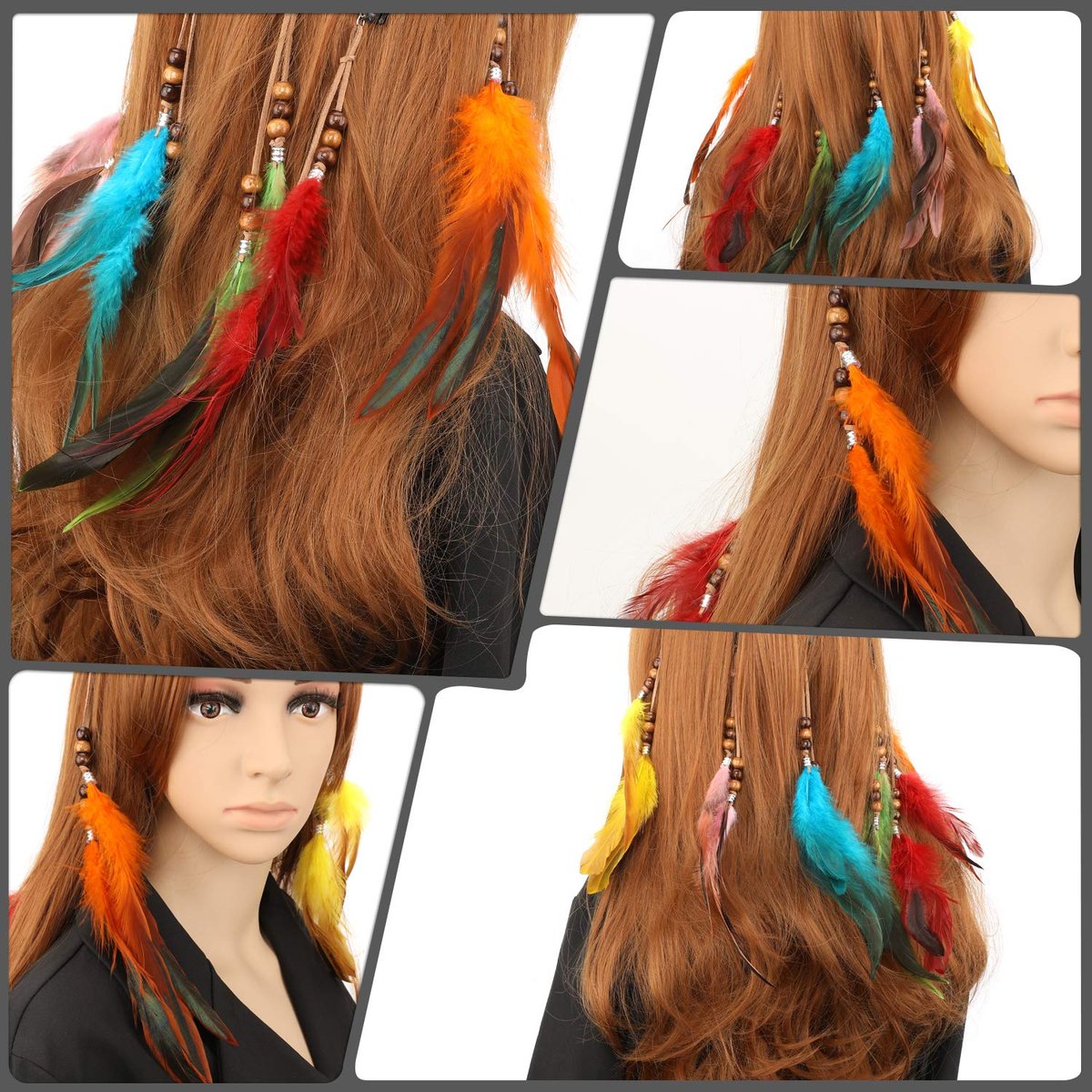 MWOOT 6-Piece Handmade Feather Hair Clips – Boho Hippie Hair Extensions with Comb, Beads & Hemp Tassels for Festival, Cosplay, or Daily Style - görsel 13