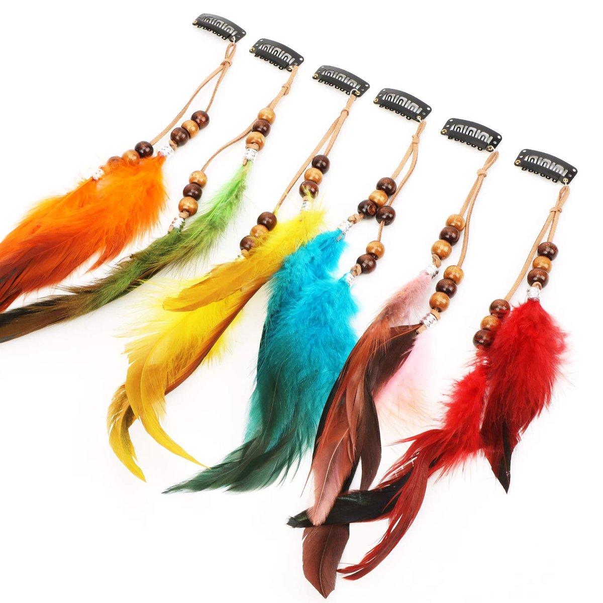 MWOOT 6-Piece Handmade Feather Hair Clips – Boho Hippie Hair Extensions with Comb, Beads & Hemp Tassels for Festival, Cosplay, or Daily Style - görsel 7