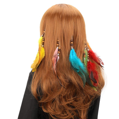 MWOOT 6-Piece Handmade Feather Hair Clips – Boho Hippie Hair Extensions with Comb, Beads & Hemp Tassels for Festival, Cosplay, or Daily Style