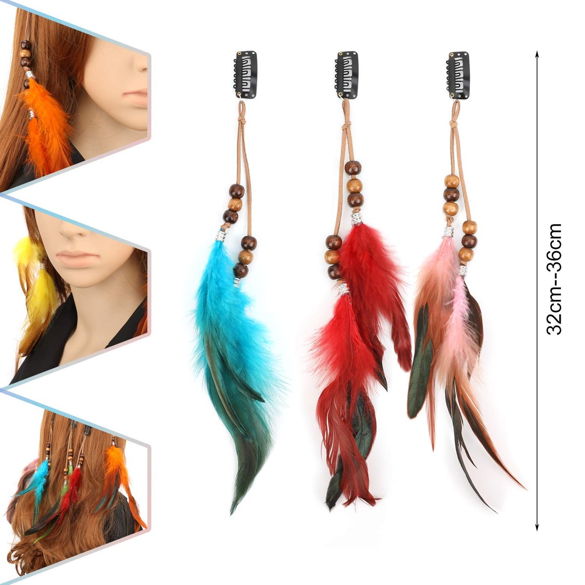 MWOOT 6-Piece Handmade Feather Hair Clips – Boho Hippie Hair Extensions with Comb, Beads & Hemp Tassels for Festival, Cosplay, or Daily Style - görsel 3