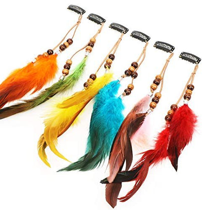 MWOOT 6-Piece Handmade Feather Hair Clips – Boho Hippie Hair Extensions with Comb, Beads & Hemp Tassels for Festival, Cosplay, or Daily Style
