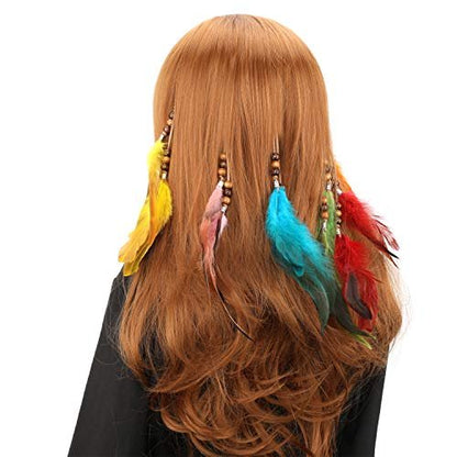 MWOOT 6-Piece Handmade Feather Hair Clips – Boho Hippie Hair Extensions with Comb, Beads & Hemp Tassels for Festival, Cosplay, or Daily Style