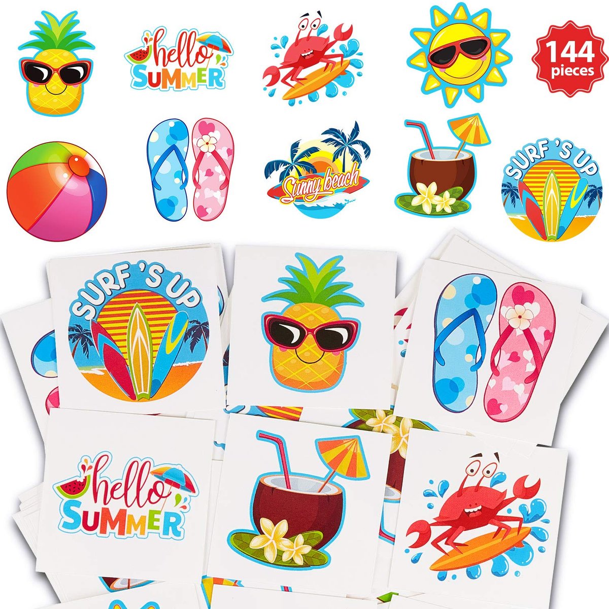 Patelai 144 Pieces Summer Temporary Tattoos – Beach, Hawaiian Luau Party Favors, Tropical Waterproof Stickers for Kids & Adults, 9 Styles - görsel 1