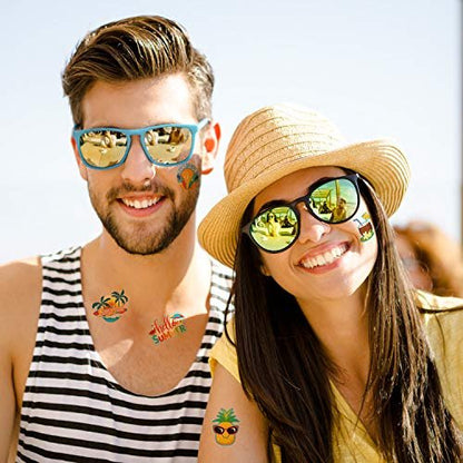Patelai 144 Pieces Summer Temporary Tattoos – Beach, Hawaiian Luau Party Favors, Tropical Waterproof Stickers for Kids & Adults, 9 Styles