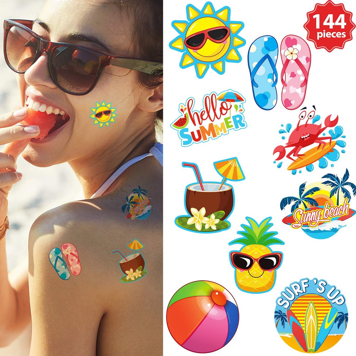 Patelai 144 Pieces Summer Temporary Tattoos – Beach, Hawaiian Luau Party Favors, Tropical Waterproof Stickers for Kids & Adults, 9 Styles - görsel 13