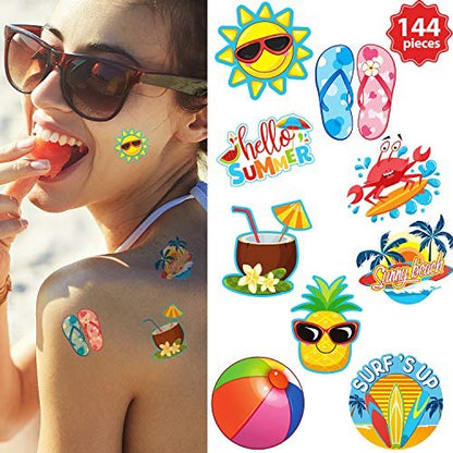 Patelai 144 Pieces Summer Temporary Tattoos – Beach, Hawaiian Luau Party Favors, Tropical Waterproof Stickers for Kids & Adults, 9 Styles
