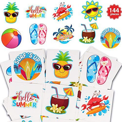 Patelai 144 Pieces Summer Temporary Tattoos – Beach, Hawaiian Luau Party Favors, Tropical Waterproof Stickers for Kids & Adults, 9 Styles