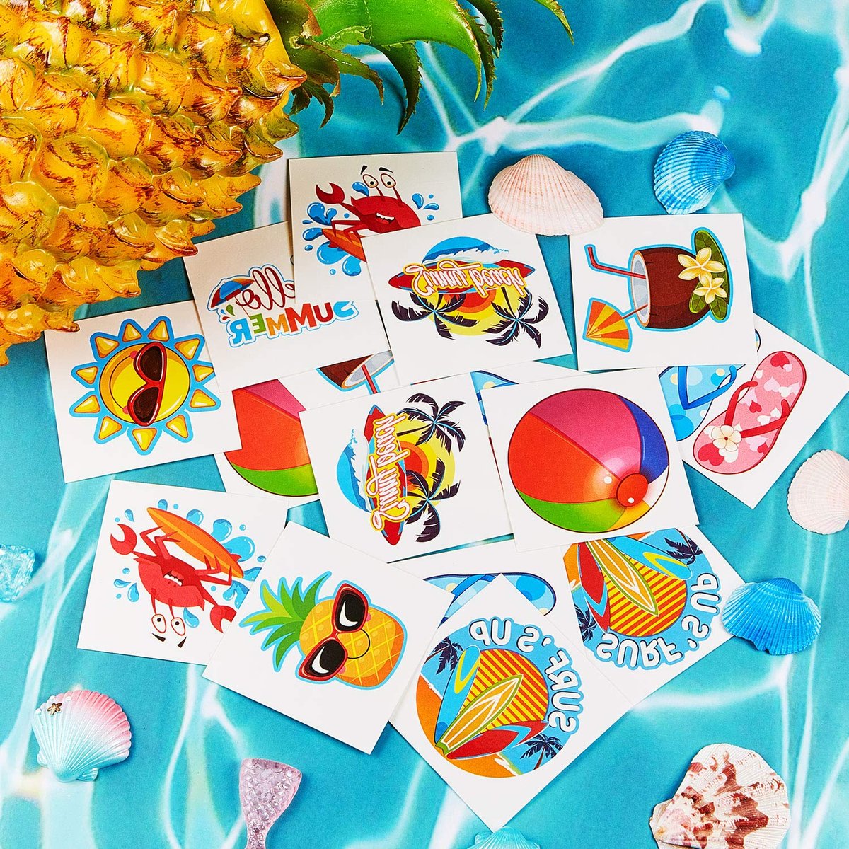 Patelai 144 Pieces Summer Temporary Tattoos – Beach, Hawaiian Luau Party Favors, Tropical Waterproof Stickers for Kids & Adults, 9 Styles - görsel 7