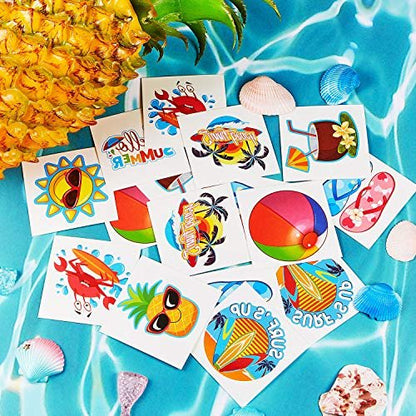 Patelai 144 Pieces Summer Temporary Tattoos – Beach, Hawaiian Luau Party Favors, Tropical Waterproof Stickers for Kids & Adults, 9 Styles