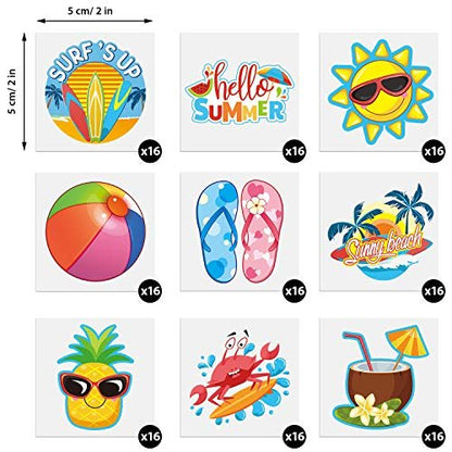 Patelai 144 Pieces Summer Temporary Tattoos – Beach, Hawaiian Luau Party Favors, Tropical Waterproof Stickers for Kids & Adults, 9 Styles