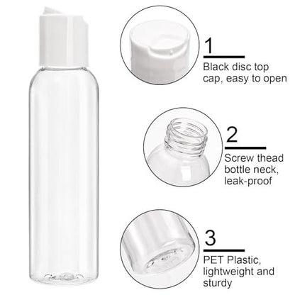 Bekith 30 Pack 4oz Travel Bottles for Toiletries, Empty Small Plastic Squeeze Bottles with Disc Top Flip Cap, Clear Refillable Travel Size Containers For Shampoo, Lotions, Liquid Body Soap, Creams Avelisse