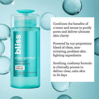 Bliss Clear Genius Clarifying Toner + Serum - 4.3 Fl Oz - Salicylic Acid & Niacinamide - Pore Purifying, Calming Toner - Vegan & Cruelty-Free