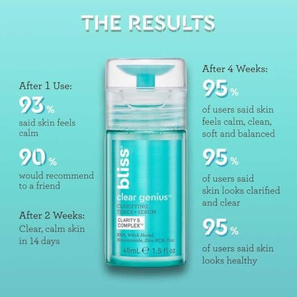 Bliss Clear Genius Clarifying Toner + Serum - 4.3 Fl Oz - Salicylic Acid & Niacinamide - Pore Purifying, Calming Toner - Vegan & Cruelty-Free