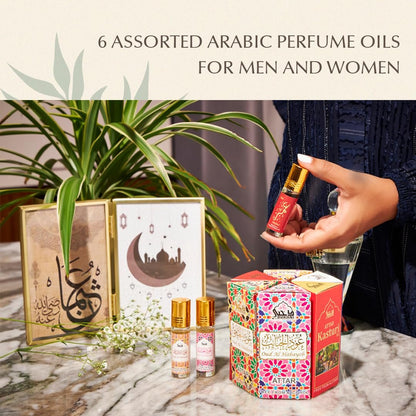 Dukhni Premiere Attar Oil Set | 6 Assorted Scents | Rollerball Perfume Oils for Men & Women | Unisex Perfume Sampler Set | Travel Size Clean Arabian Oud Fragrances | Gift Set, Non-Alcoholic & Vegan