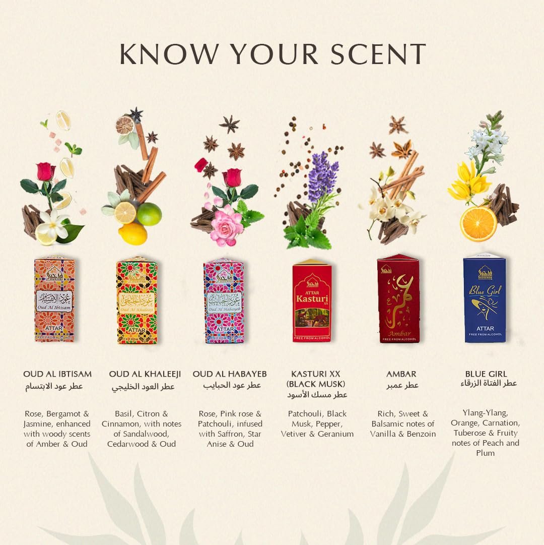 Dukhni Premiere Attar Oil Set | 6 Assorted Scents | Rollerball Perfume Oils for Men & Women | Unisex Perfume Sampler Set | Travel Size Clean Arabian Oud Fragrances | Gift Set, Non-Alcoholic & Vegan - görsel 8