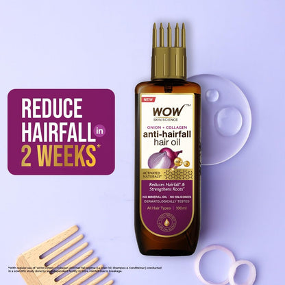 WOW Skin Science Onion Black Seed Hair Oil with Comb Applicator - Controls Hair Fall - No Mineral Oil, Silicones, Cooking Oil & Synthetic Fragrance - 100mL
