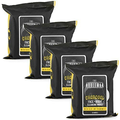 The Nobleman Men's Charcoal Face + Body Cleansing Wipes - 4 Pack (120 Count) | Exfoliating & Purifying Towelettes for Men