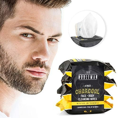 The Nobleman Men's Charcoal Face + Body Cleansing Wipes - 4 Pack (120 Count) | Exfoliating & Purifying Towelettes for Men