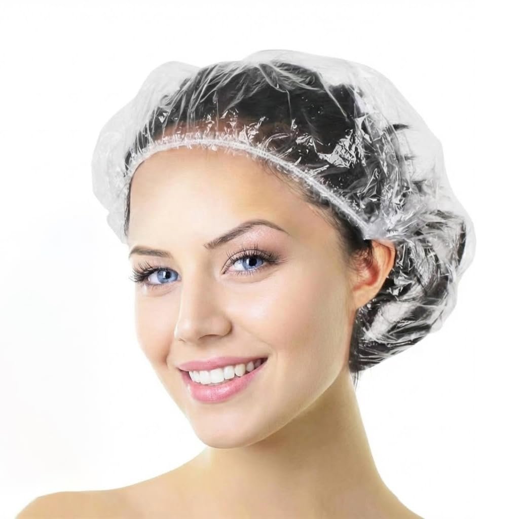 Aquior Disposable Shower Caps 50 Pack - Large Clear Plastic Waterproof Bath Caps for Women, Hotel Travel Essentials, Deep Conditioning Hair Care - görsel 1