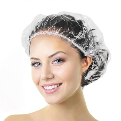 Aquior Disposable Shower Caps 50 Pack - Large Clear Plastic Waterproof Bath Caps for Women, Hotel Travel Essentials, Deep Conditioning Hair Care