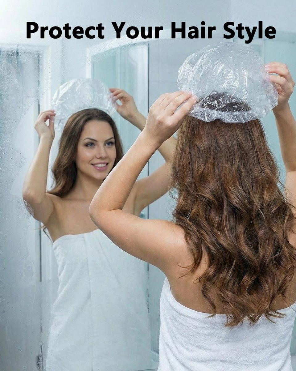 Aquior Disposable Shower Caps 50 Pack - Large Clear Plastic Waterproof Bath Caps for Women, Hotel Travel Essentials, Deep Conditioning Hair Care - görsel 13