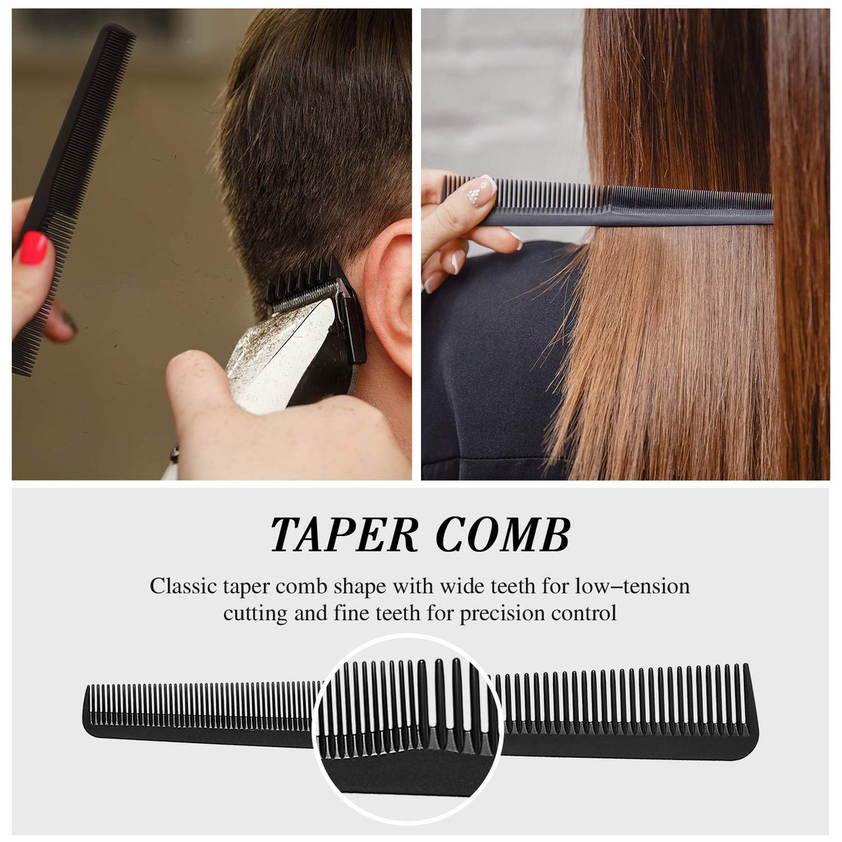 4-Piece Hair Comb Set for Men & Women: Flat Top Clipper, Neck Duster, Tapered & Carbon Fiber Cutting Comb - Black - görsel 9