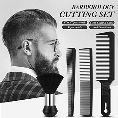 4-Piece Hair Comb Set for Men & Women: Flat Top Clipper, Neck Duster, Tapered & Carbon Fiber Cutting Comb - Black