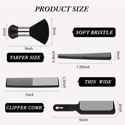 4-Piece Hair Comb Set for Men & Women: Flat Top Clipper, Neck Duster, Tapered & Carbon Fiber Cutting Comb - Black