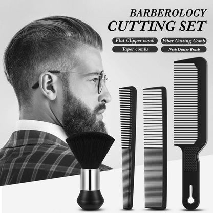 4-Piece Hair Comb Set for Men & Women: Flat Top Clipper, Neck Duster, Tapered & Carbon Fiber Cutting Comb - Black