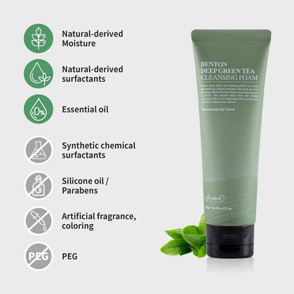 BENTON Deep Green Tea Natural Face Wash - Hydrating and Gentle Foaming Facial Cleanser for All Skin Types, 4.23 oz Avelisse