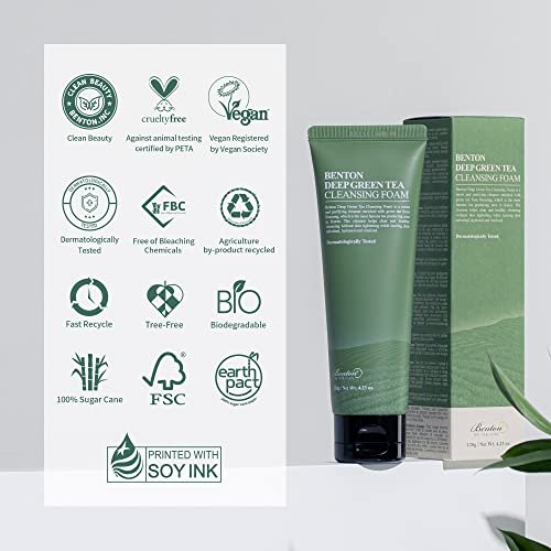 BENTON Deep Green Tea Natural Face Wash - Hydrating and Gentle Foaming Facial Cleanser for All Skin Types, 4.23 oz Avelisse