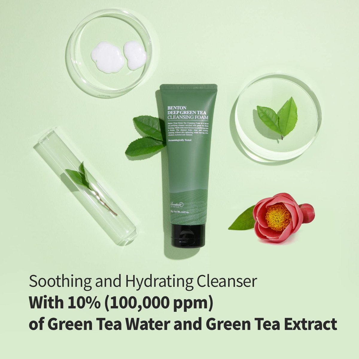 BENTON Deep Green Tea Natural Face Wash - Hydrating and Gentle Foaming Facial Cleanser for All Skin Types, 4.23 oz Avelisse