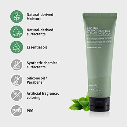BENTON Deep Green Tea Natural Face Wash - Hydrating and Gentle Foaming Facial Cleanser for All Skin Types, 4.23 oz Avelisse
