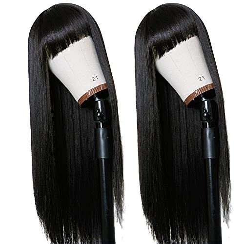 TIMANZO Long Straight Remy Hair Wig Natural Black Heat Resistant Fiber Wig with Bangs 24 Inch for Women Avelisse