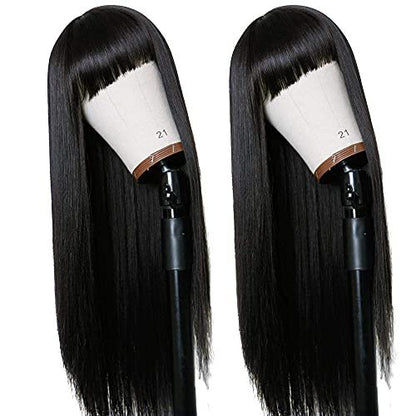 TIMANZO Long Straight Remy Hair Wig Natural Black Heat Resistant Fiber Wig with Bangs 24 Inch for Women Avelisse