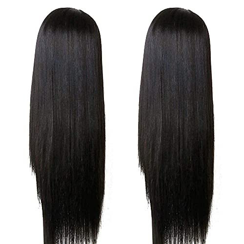 TIMANZO Long Straight Remy Hair Wig Natural Black Heat Resistant Fiber Wig with Bangs 24 Inch for Women Avelisse