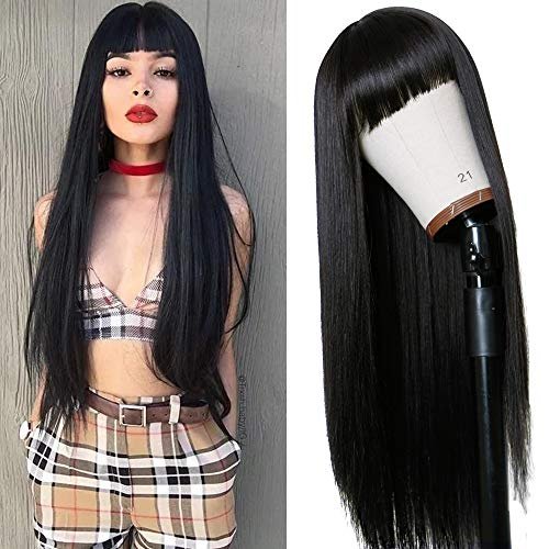 TIMANZO Long Straight Remy Hair Wig Natural Black Heat Resistant Fiber Wig with Bangs 24 Inch for Women Avelisse